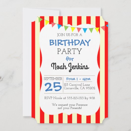 Carnaval Circus Streep Popcorn Party Uitnodiging (Voorkant)