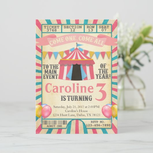 Carnaval Circus Ticket Verjaardagsfeest Uitnodigin Kaart (Staand voorkant)