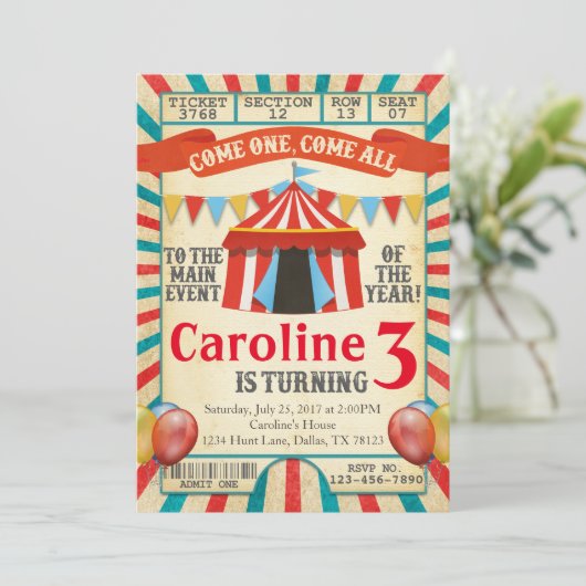 Carnaval Circus Ticket Verjaardagsfeest Uitnodigin Kaart (Staand voorkant)