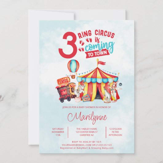 Carnaval Circus Triplets Baby shower Kaart (Voorkant)