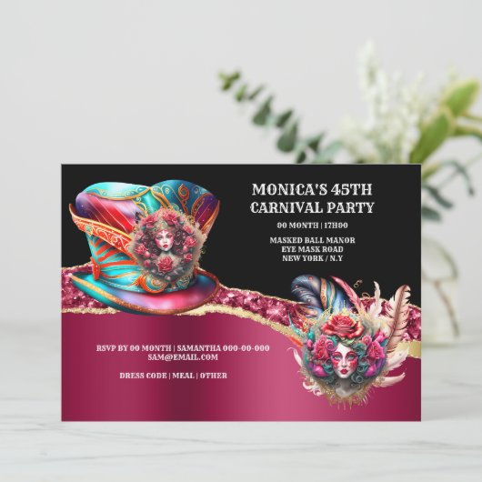 Carnaval fantasy dames roos veren bordeaux kaart (Staand voorkant)