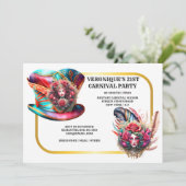 Carnaval fantasy dames roos veren cirque goud kaart (Staand voorkant)