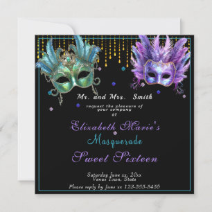 Carnaval Maskerade Roze Turquoise Sweet Sixteen  Kaart