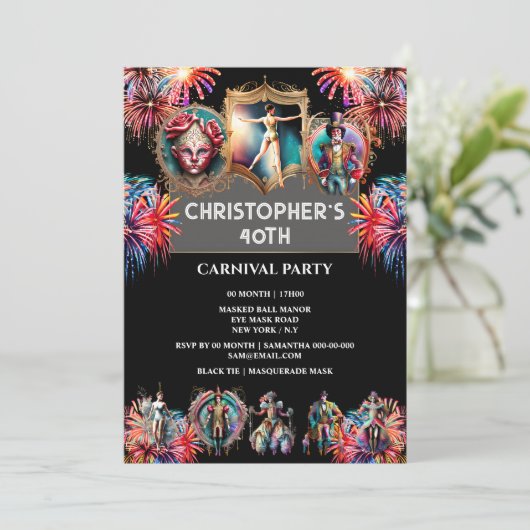Carnaval nacht circus vuurwerk festival performer kaart (Staand voorkant)