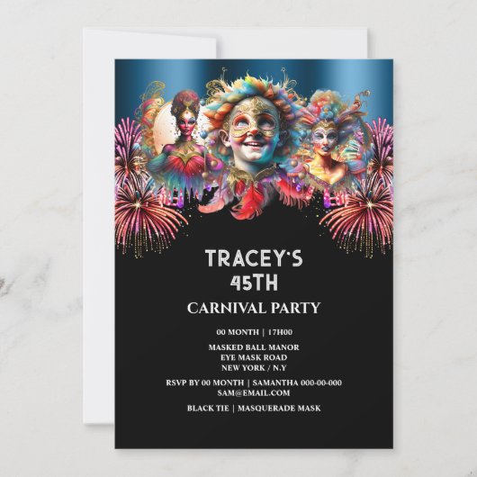 Carnaval nacht circus vuurwerk maskerade blauw kaart (Voorkant)