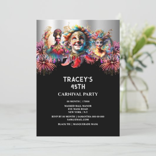 Carnaval nacht circus vuurwerk maskerade maskers kaart (Staand voorkant)