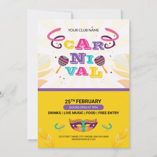 Carnaval Party Flyer-uitnodiging Kaart (Voorkant)