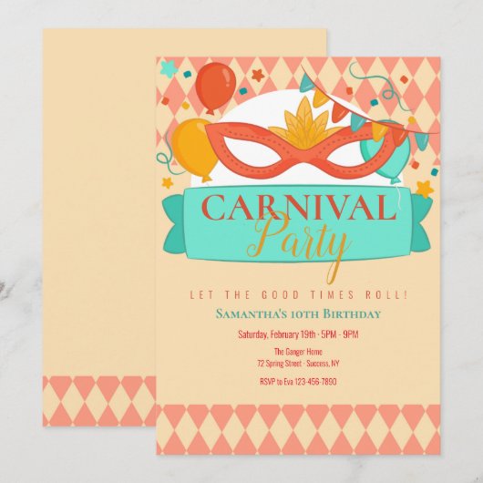 Carnaval Party Invitation Kaart (Voorkant / Achterkant)