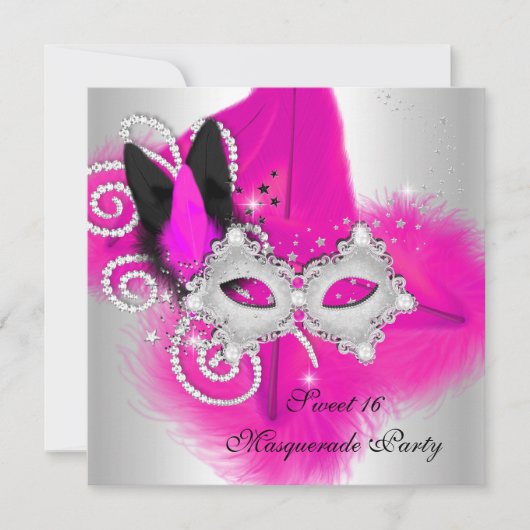 Carnaval Sweet 16 Heet Roze Zwarte Veer Masker Kaart (Voorkant)