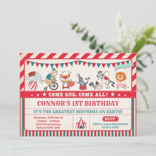Carnaval Verjaardag Circus Dieren Party Uitnodigen Kaart (Staand voorkant)