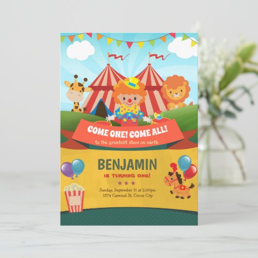 Carnaval Verjaardag Uitnodiging Circus Party (Staand voorkant)
