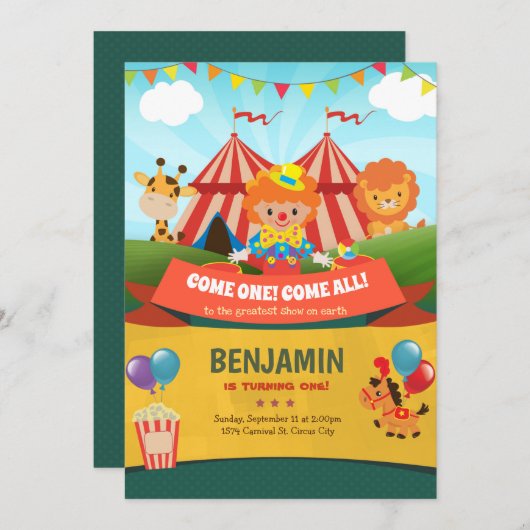 Carnaval Verjaardag Uitnodiging Circus Party (Voorkant / Achterkant)