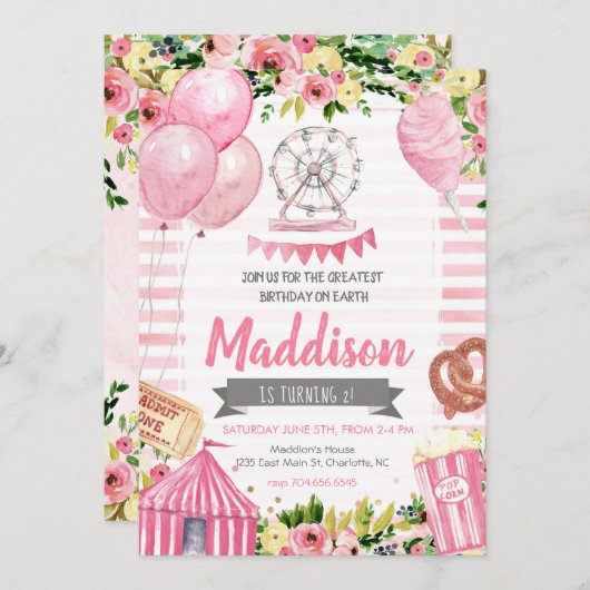 Carnaval verjaardagsuitnodiging, Circus verjaardag Kaart (Voorkant / Achterkant)