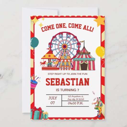 Carnaval verjaardagsuitnodiging, Circus verjaardag Kaart (Voorkant)