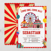 Carnaval verjaardagsuitnodiging, Circus verjaardag Kaart (Voorkant / Achterkant)