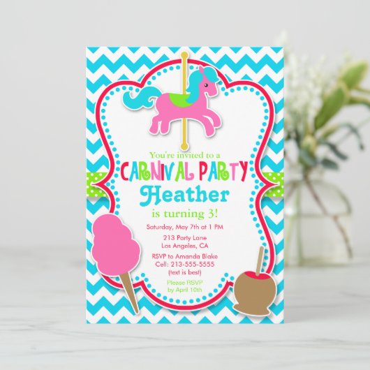 Carnavalsfeest Carrousel Paard Verjaardag Uitnodig Kaart (Staand voorkant)