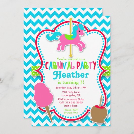 Carnavalsfeest Carrousel Paard Verjaardag Uitnodig Kaart (Voorkant / Achterkant)