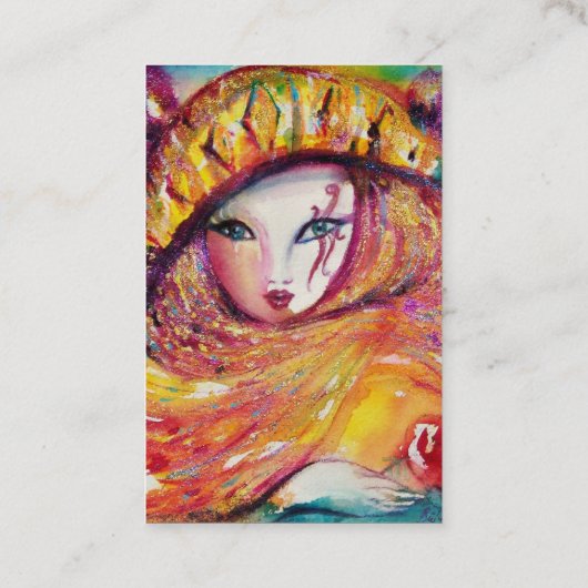 CARNAVALSMASKER IN GEEL MET RODE ROZE ROZE CRÈME VISITEKAARTJE (Achterkant)