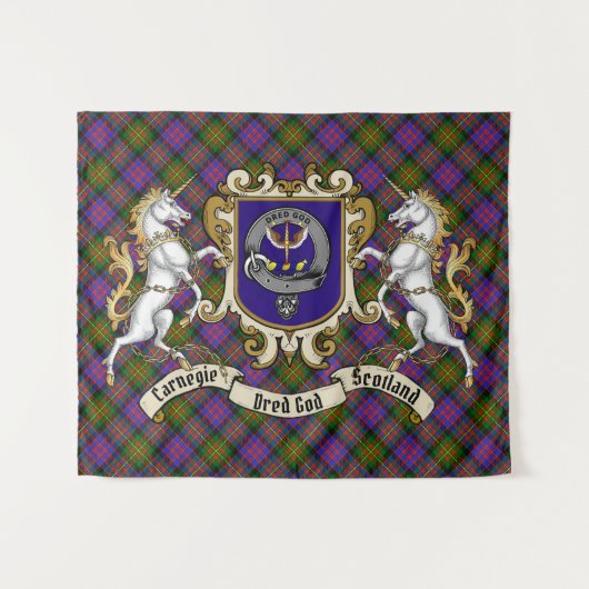 Carnegie Clan Badge & Unicorns met Tartan Wandkleed (Voorkant (horizontaal))