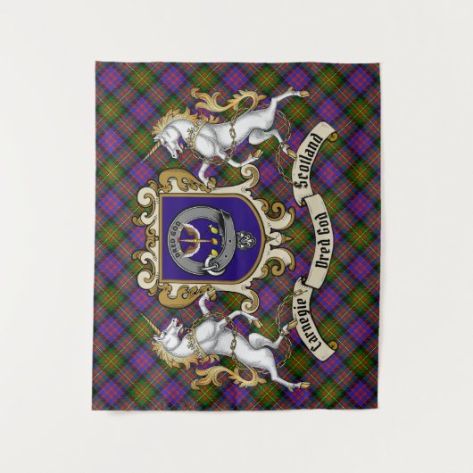 Carnegie Clan Badge & Unicorns met Tartan Wandkleed (Voorkant)