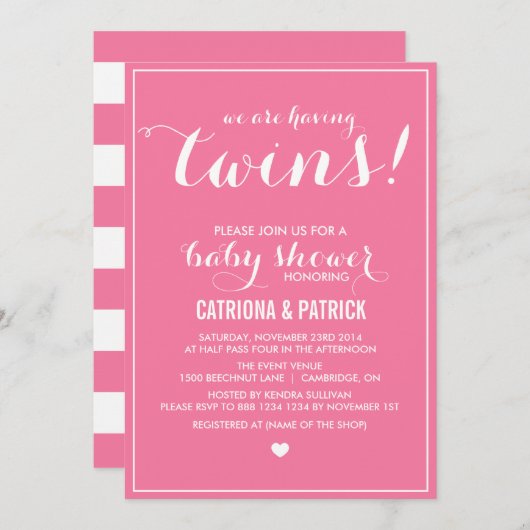 Carnenroze script tweens Baby shower uitnodiging (Voorkant / Achterkant)