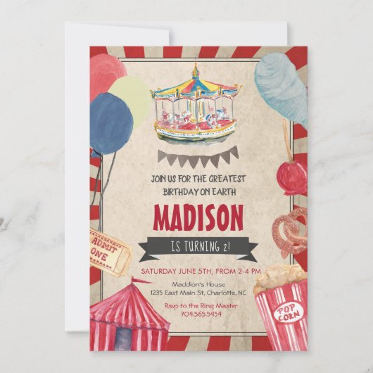 Carnival Birthday Invitation, Circus Birthday Kaart (Voorkant)