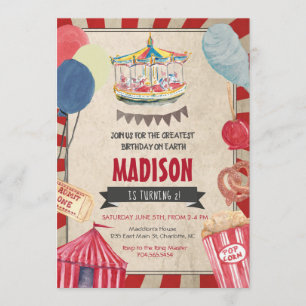 Carnival Birthday Invitation, Circus Birthday Kaart