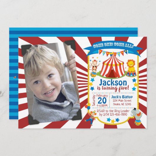 Carnival Birthday Invitation Circus Party Invite Kaart (Voorkant / Achterkant)
