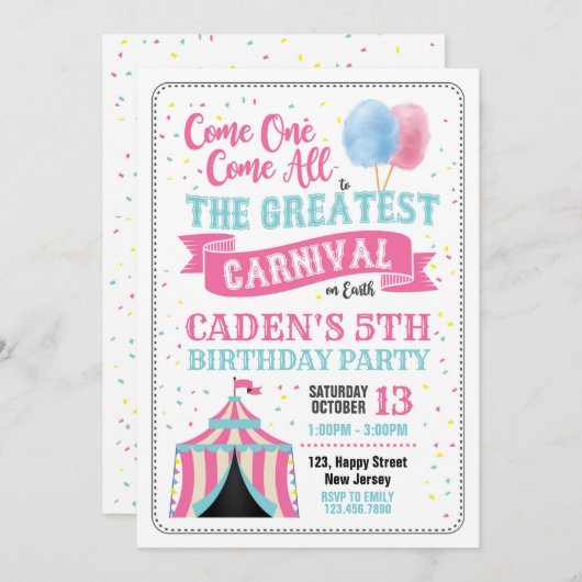 Carnival Birthday Invitation Kaart (Voorkant / Achterkant)