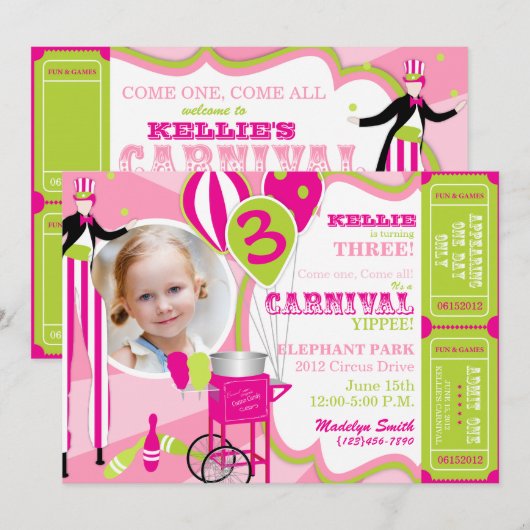 Carnival Birthday Invitation Stilt Walker Kaart (Voorkant / Achterkant)