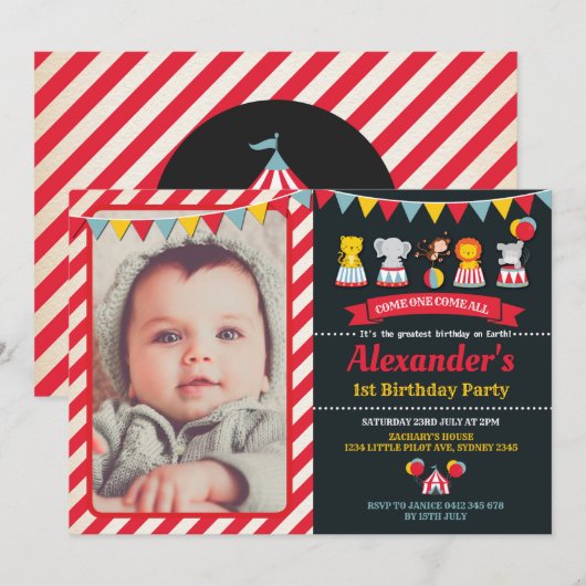 Carnival Circus Animals Birthday Party Invitation Kaart (Voorkant / Achterkant)