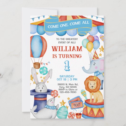 Carnival / Circus blue boy birthday invitation. Kaart (Voorkant)