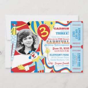 Carnival Circus Clowns Birthday Invitation Kaart