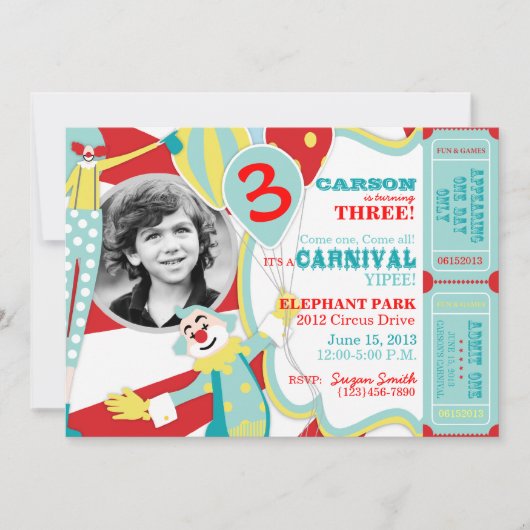 Carnival Circus Clowns Birthday Invitation Kaart (Voorkant)