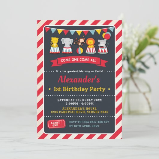 Carnival Circus Dieren Verjaardag Krijtbord Uitnod Kaart (Staand voorkant)