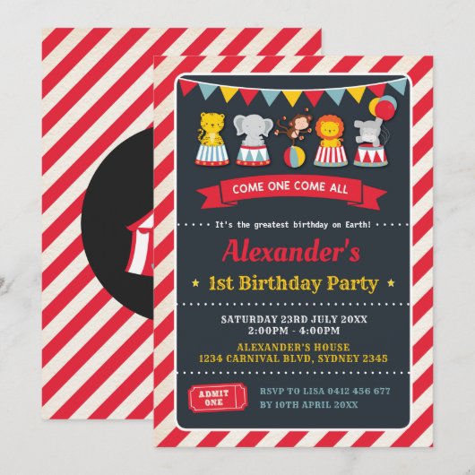 Carnival Circus Dieren Verjaardag Krijtbord Uitnod Kaart (Voorkant / Achterkant)