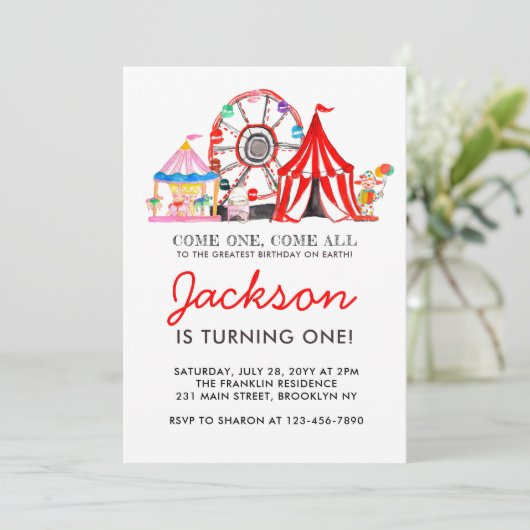 Carnival Circus Fair Party Kind Birthday Uitnodigi Kaart (Staand voorkant)