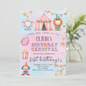 Carnival / Circus pink girl birthday invitation. Kaart (Staand voorkant)