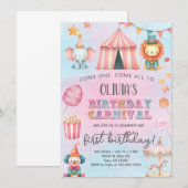Carnival / Circus pink girl birthday invitation. Kaart (Voorkant / Achterkant)