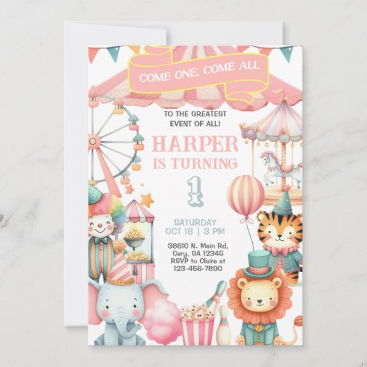 Carnival / Circus pink girl birthday invitation. Kaart (Voorkant)