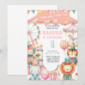 Carnival / Circus pink girl birthday invitation. Kaart (Voorkant / Achterkant)