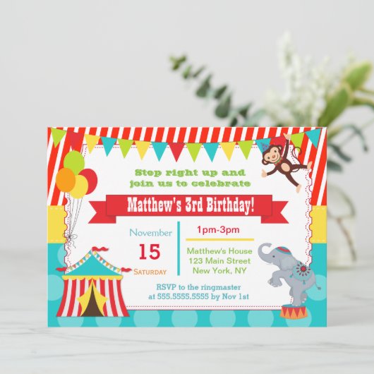 Carnival Circus Ticket Verjaardagsfeest Uitnodigin Kaart (Staand voorkant)