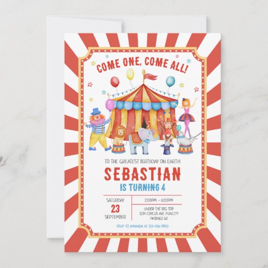Carnival Circus Verjaardagsuitnodiging Kaart (Voorkant)
