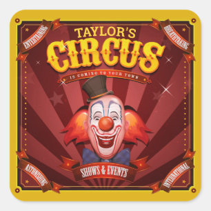 Carnival Clown ADD NAME Big Top Family Circus Show Vierkante Sticker