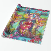 CARNIVAL DANCE, RED PAARSE FLORAL SWIRLS CADEAUPAPIER (Uitgerold)