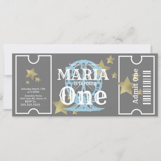 Carnival Ferris Wheel Birthday Ticket Party Grey Kaart (Voorkant)