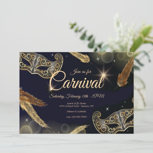 Carnival Gold en zwarte uitnodiging (Staand voorkant)