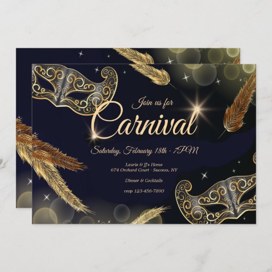 Carnival Gold en zwarte uitnodiging (Voorkant / Achterkant)