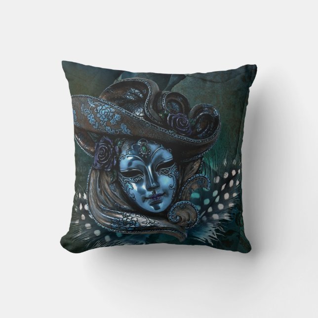 Carnival Mask-Blue Damask Sierkussen (Voorkant)