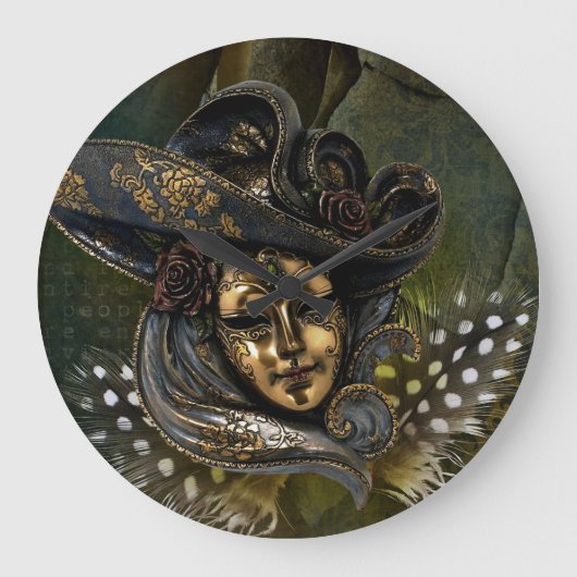 Carnival Mask-Green Damask Wall Clock Grote Klok (Voorkant)
